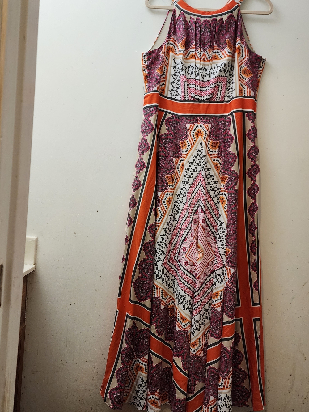 Chico's Maxi Dress Orange Pink Sleeveless Size 2=12/14 Scarf Print Resortwear
